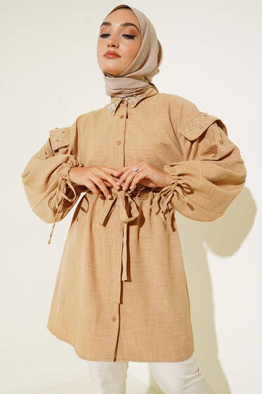 Pırlanta Boncuklu Kuşaklı Keten Tunik Latte - Tunik