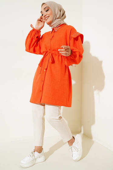 Pırlanta Boncuklu Kuşaklı Keten Tunik Oranj - Tunik