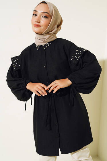 Pırlanta Boncuklu Kuşaklı Keten Tunik Siyah - Tunik