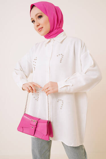 Pırlanta Taş Detaylı Keten Gömlek Ekru - Gömlek