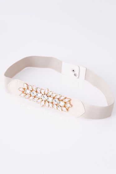 Pırlanta Taş Süslemeli Bej Lastikli Kemer - Deri Kemer