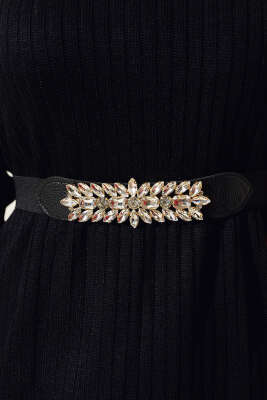 Pırlanta Taş Süslemeli Siyah Gold Lastikli Kemer - Yılın Fırsatı