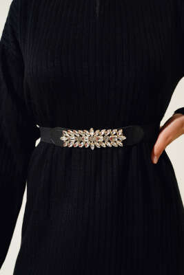 Pırlanta Taş Süslemeli Siyah Gold Lastikli Kemer