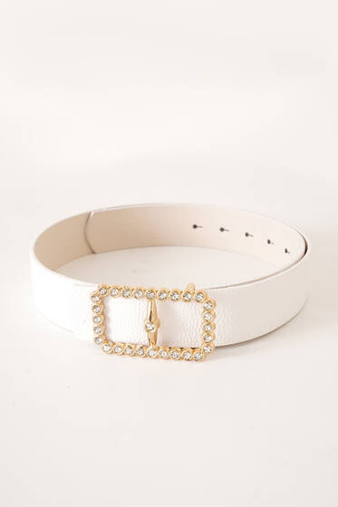 Pırlanta Taşlı Dikdörtgen Toka Kemer Bayaz - Deri Kemer