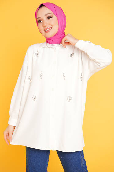 Pırlanta Taşlı Keten Gömlek Ekru - Gömlek