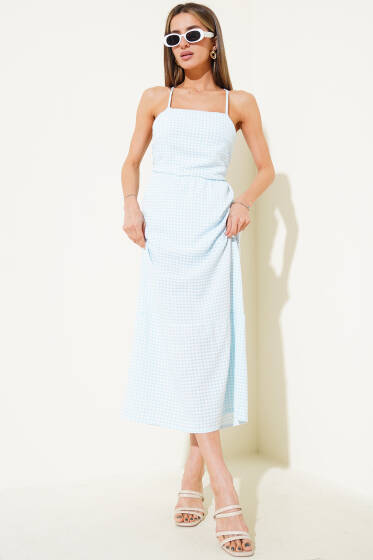 Pitikare Desen Askılı Elbise Mavi - Kadın Giyim Modelleri