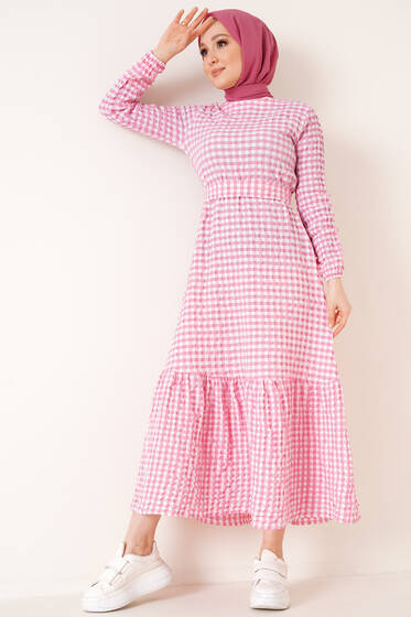 Pitikareli Kuşaklı Elbise Pembe - Tesettür Elbise