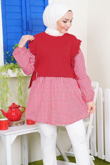 Pitikareli Yanları Büzgü Detay Kırmızı Tunik - Yazlık Tunik
