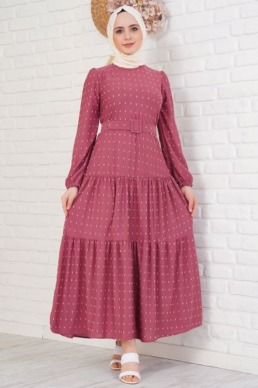 Pıtpıt Desenli Kemerli Gül Kurusu Elbise - Tesettür Elbise