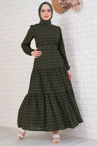 Pıtpıt Desenli Kemerli Haki Elbise - Tesettür Elbise