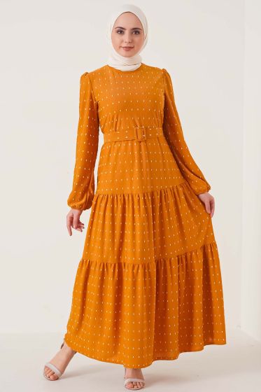Pıtpıt Desenli Kemerli Hardal Elbise - Tesettür Elbise