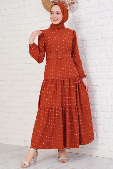 Pıtpıt Desenli Kemerli Kiremit Elbise - Tesettür Elbise