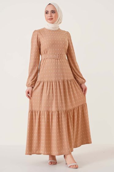 Pıtpıt Desenli Kemerli Latte Elbise - Tesettür Elbise