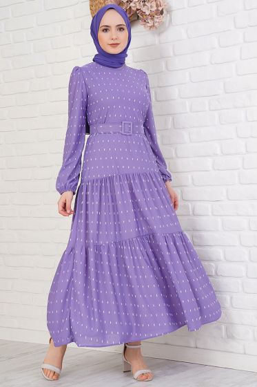 Pıtpıt Desenli Kemerli Lila Elbise - Tesettür Elbise