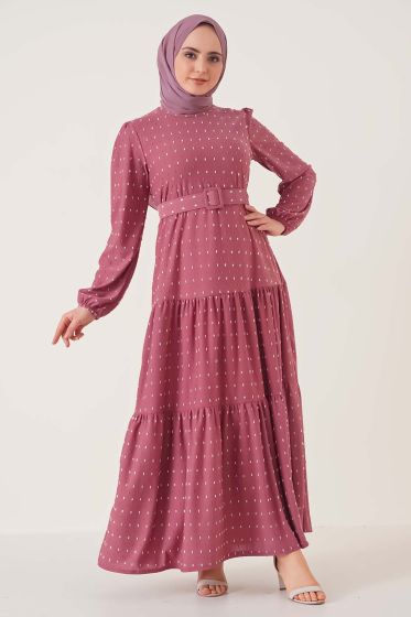 Pıtpıt Desenli Kemerli Magenta Elbise - Tesettür Elbise