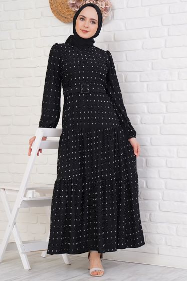 Pıtpıt Desenli Kemerli Siyah Elbise - Tesettür Elbise