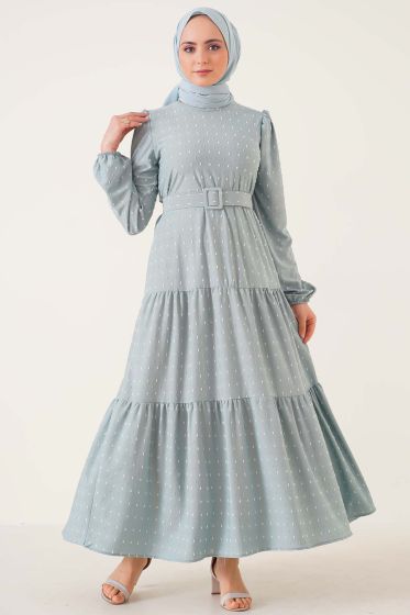 Pıtpıt Desenli Kemerli Su Yeşili Elbise - Tesettür Elbise