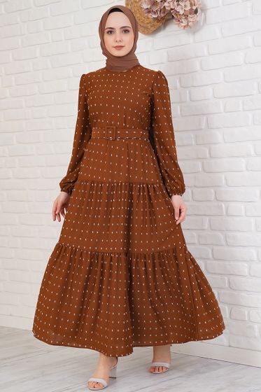 Pıtpıt Desenli Kemerli Taba Elbise - Tesettür Elbise