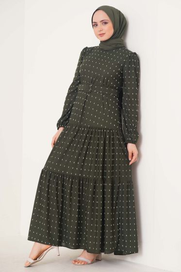 Pıtpıt Desenli Kemerli Yeşil Elbise - Tesettür Elbise