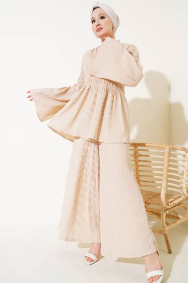 Pliseli Büzgülü İkili Takım Bej - İkili Takım