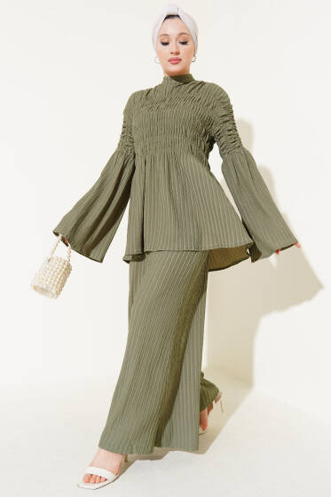 Pliseli Büzgülü İkili Takım Haki - İkili Takım
