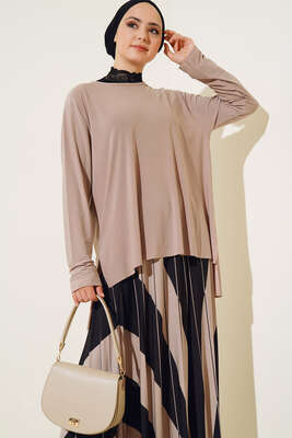 Pliseli Çapraz Çizgi Desenli Etekli Takım Bej - İKİLİ TAKIM