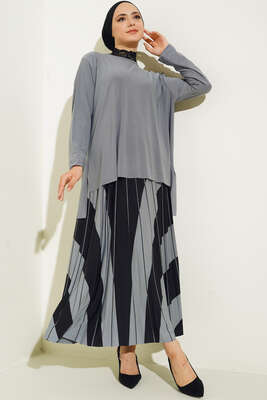 Pliseli Çapraz Çizgi Desenli Etekli Takım Gri 