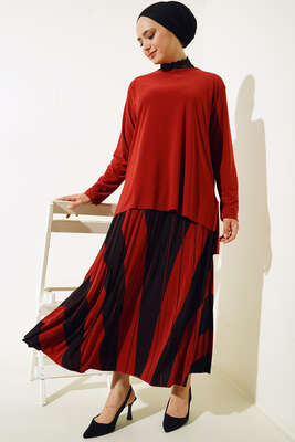 Pliseli Çapraz Çizgi Desenli Etekli Takım Kiremit 