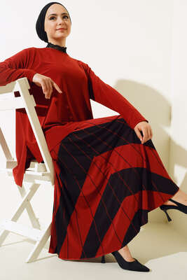 Pliseli Çapraz Çizgi Desenli Etekli Takım Kiremit - İKİLİ TAKIM