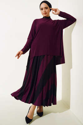 Pliseli Çapraz Çizgi Desenli Etekli Takım Mürdüm 