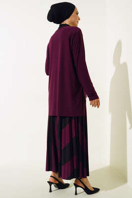 Pliseli Çapraz Çizgi Desenli Etekli Takım Mürdüm - İKİLİ TAKIM