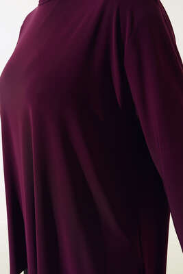 Pliseli Çapraz Çizgi Desenli Etekli Takım Mürdüm - İKİLİ TAKIM