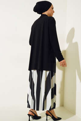 Pliseli Çapraz Çizgi Desenli Etekli Takım Siyah - İKİLİ TAKIM