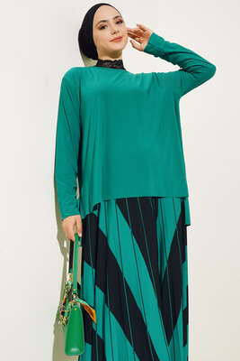 Pliseli Çapraz Çizgi Desenli Etekli Takım Zümrüt - İKİLİ TAKIM