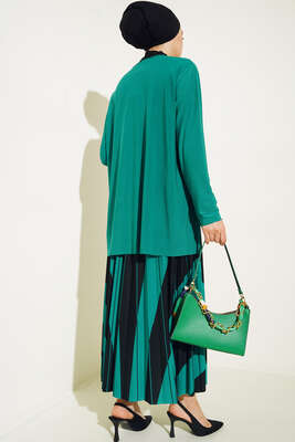 Pliseli Çapraz Çizgi Desenli Etekli Takım Zümrüt - İKİLİ TAKIM