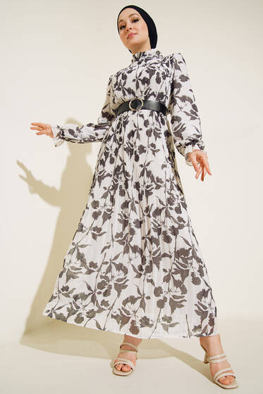 Pliseli Çiçek Desenli Kemerli Elbise Siyah - Elbise