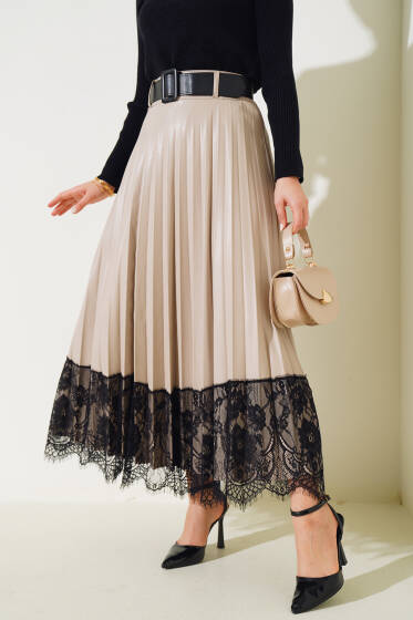 Pliseli Dantelli Deri Etek Bej - Etek