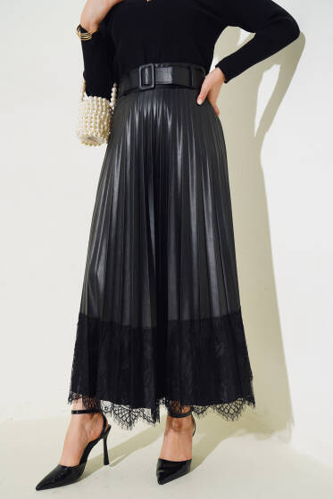 Pliseli Dantelli Deri Etek Siyah - Etek