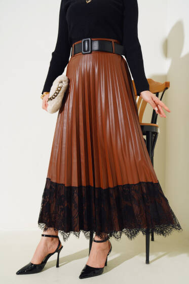 Pliseli Dantelli Deri Etek Taba - Etek
