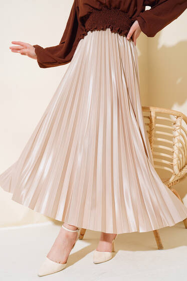 Pliseli Deri Görünümlü Etek Bej - Etek