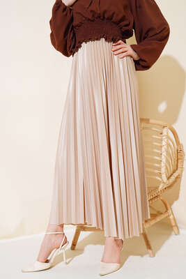 Pliseli Deri Görünümlü Etek Bej - Uzun Etek