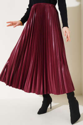 	 Pliseli Deri Görünümlü Etek Bordo 