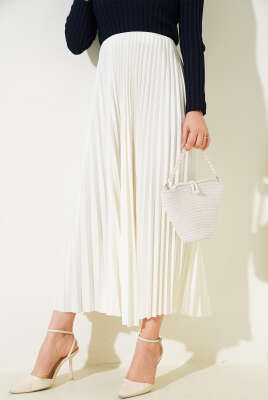 Pliseli Deri Görünümlü Etek Ekru - Uzun Etek
