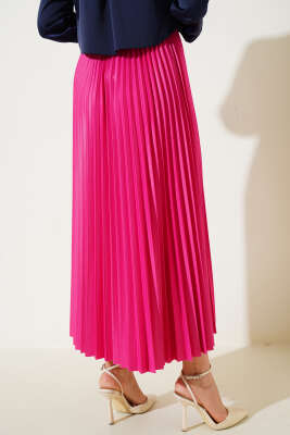 Pliseli Deri Görünümlü Etek Fuşya - Uzun Etek
