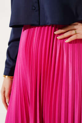 Pliseli Deri Görünümlü Etek Fuşya - Uzun Etek