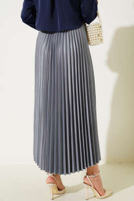 Pliseli Deri Görünümlü Etek Gri - Uzun Etek