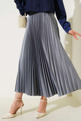 Pliseli Deri Görünümlü Etek Gri - Uzun Etek