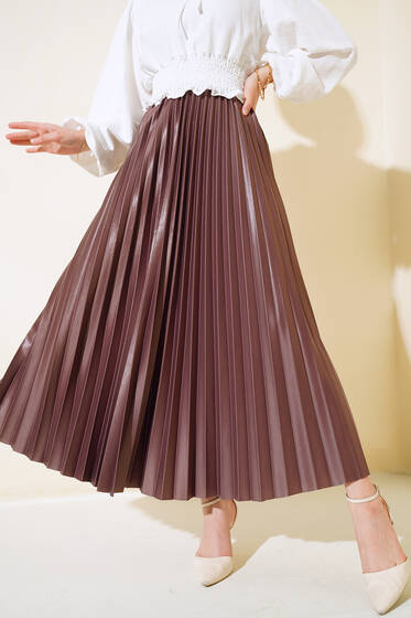 Pliseli Deri Görünümlü Etek Kahve - Etek