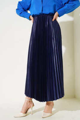 Pliseli Deri Görünümlü Etek Lacivert - Uzun Etek
