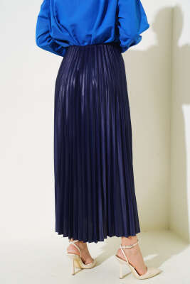 Pliseli Deri Görünümlü Etek Lacivert - Uzun Etek